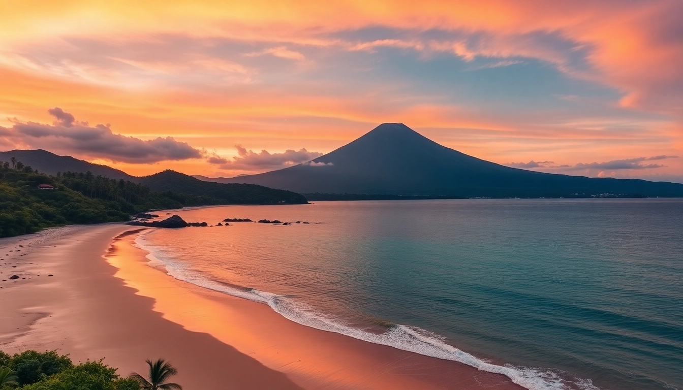 Lombok's scenic coastline with Mount Rinjani, showcasing natural beauty and tropical landscapes for travel enthusiasts.