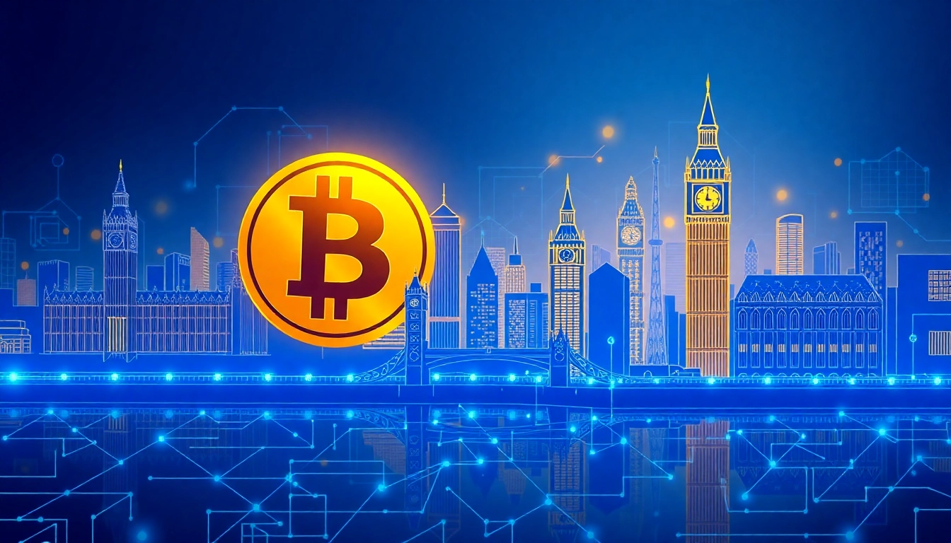 Cryptocurrency News UK highlights digital currencies with UK landmarks and blockchain visuals